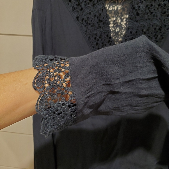 Aritzia Gentle fawn small blouse high neck bell sleeve Top flowy teal lace shirt - Picture 8 of 16